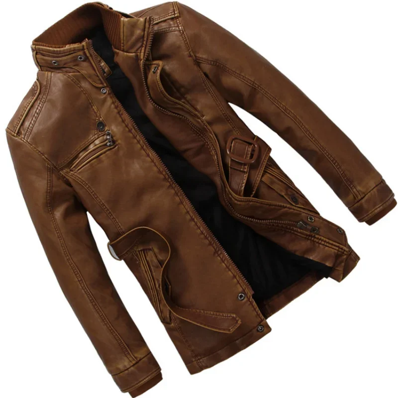 New Korean Version Stylish Leather Jacket For Men Trendy Versatile Stand Collar Coat Casual Autumn Fleece Keep Warm Men's Coat - Image 5