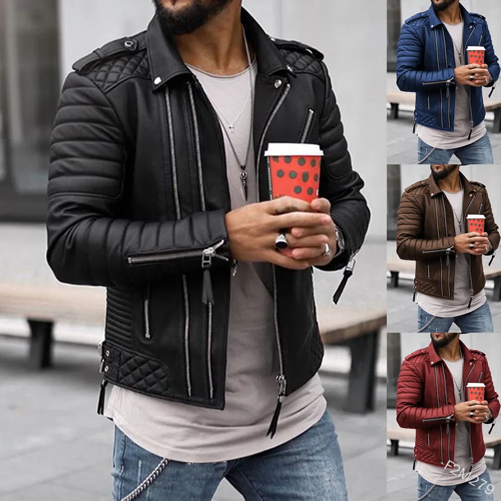 Spring Autumn Short Cool Leather Biker Jacket Men Zipper Long Sleeve Plus Size Leather Jacket Men Fashion Brand Leather Jackets