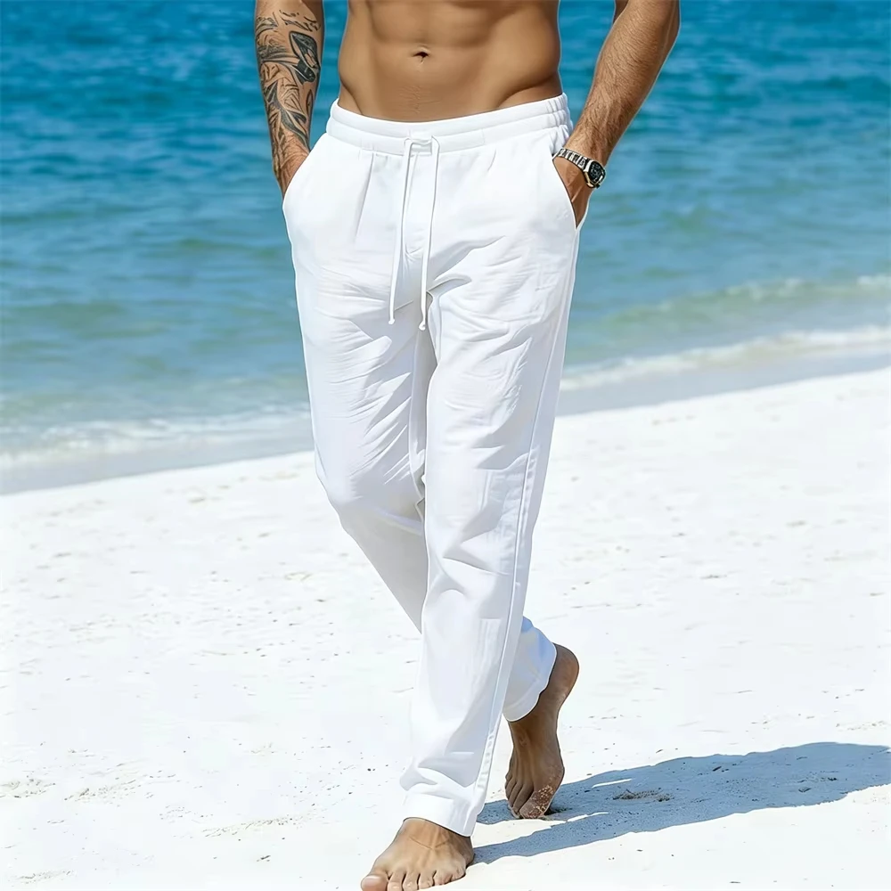 Hot Sale Men’s Linen Long Pants Solid Color Breathable Lightweight Beach Style Vacation Cozy Long Pants Elastic Waist Trousers