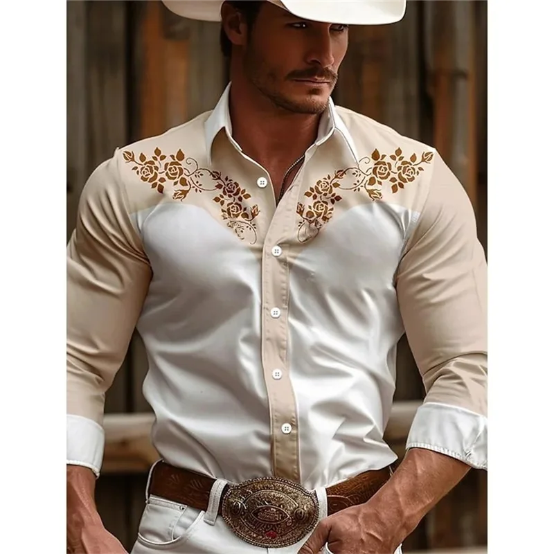 Men’s long sleeved shirt, seasonal casual collar button up shirt, men’s denim retro ethnic style breathable soft shirt