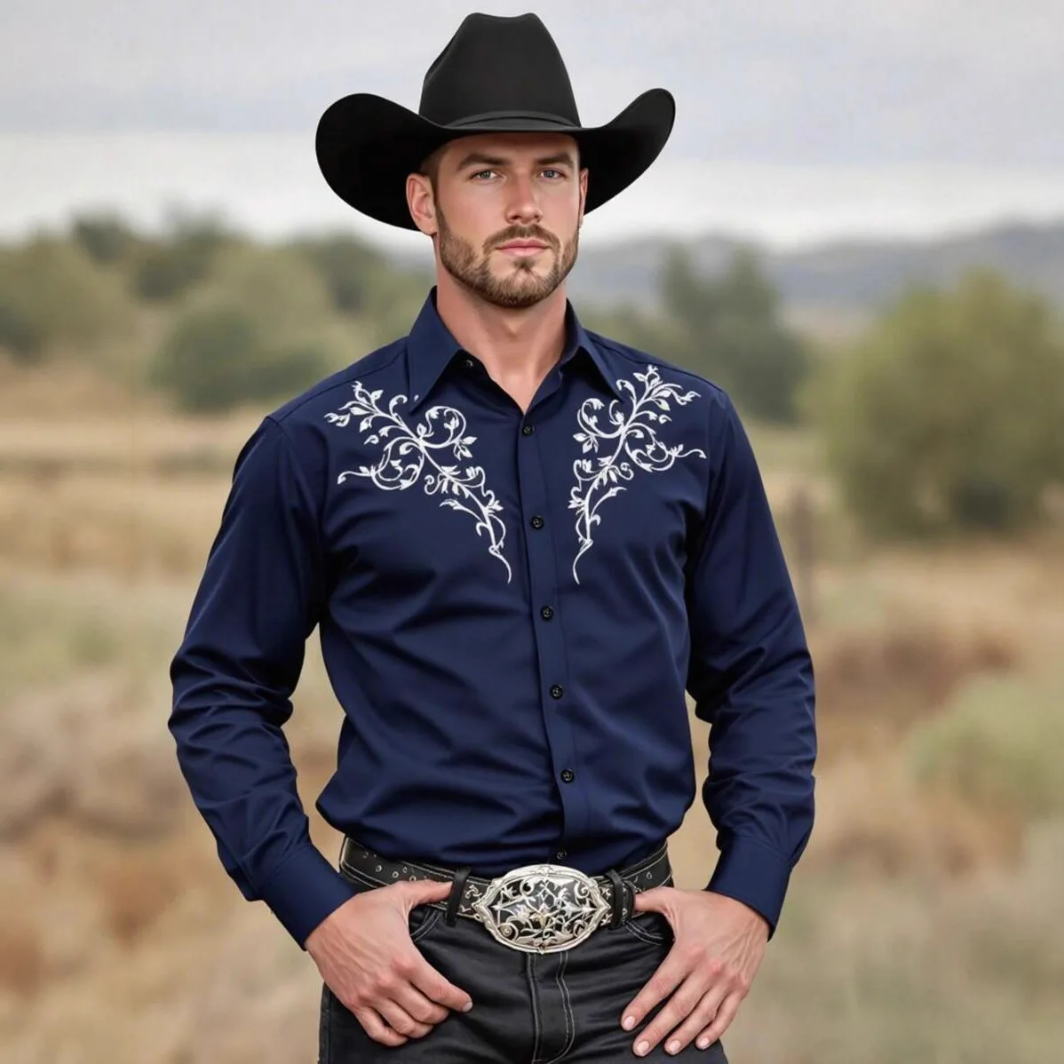 Men’s Top Fashion Embroidered Shirt American Western Style Shirt Western Denim Print Long Shirt