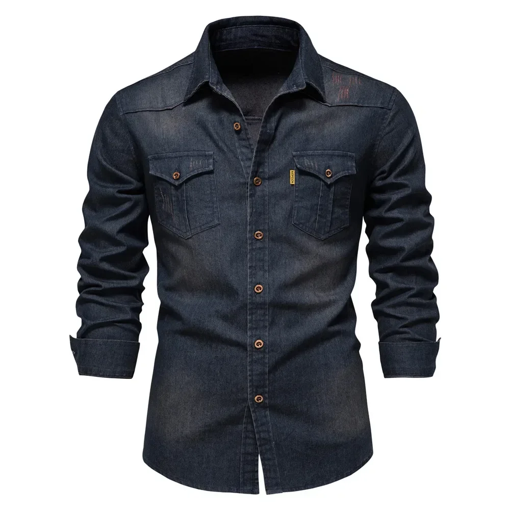 Brand Quality Elastic Cotton Denim Shirts Men Casual Business Long Sleeve Tops Slim Fit Cowboy Shirts Male Double Pockets shirt